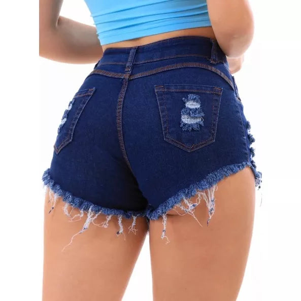 Shorts Jeans Bermuda Feminina Cintura Alta Cós Alto Luxo Destroyed Hot Pants Desfiado Blogueira