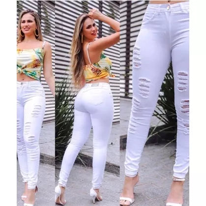 Calça Jeans Feminina Branca Rasgada Destroyed Tecido Grosso