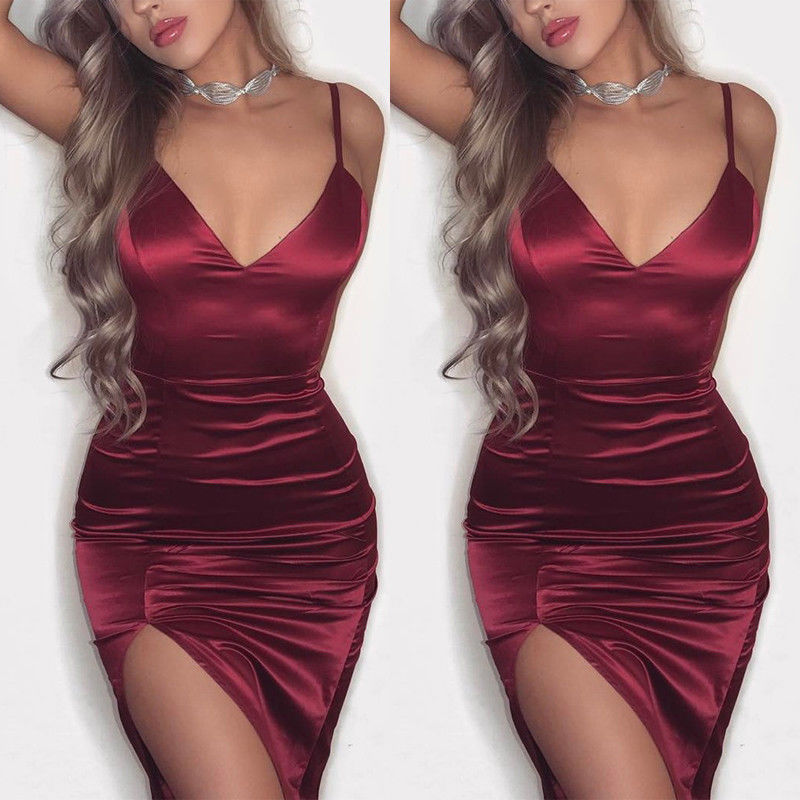 Mulheres sexy espaguete cetim vestido cintas v profundo midi noite vestido de festa irregular verão bodycon vestido clubwear preto vermelho