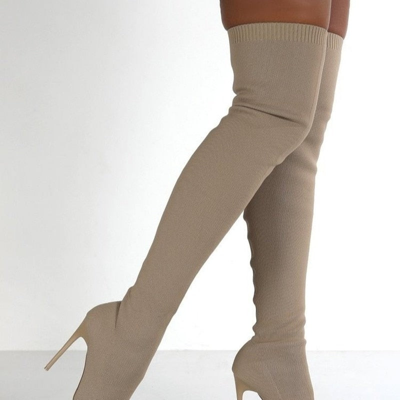 2022 senhoras meias sobre o joelho botas femininas estiramento tecidos salto alto deslizamento em sapatos mulher apontou toe botas longas tamanho 36-43