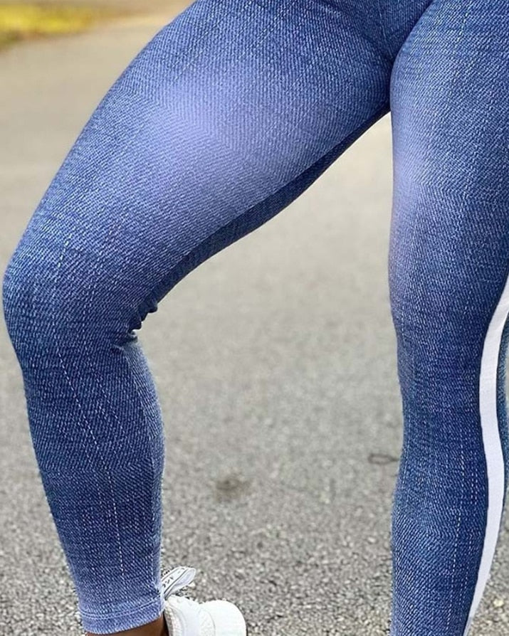 Calça feminina moda 2022 nova moda casual denim olhar impressão cintura alta barriga controle bumbum elevador leggings feminino tbottom desportivo