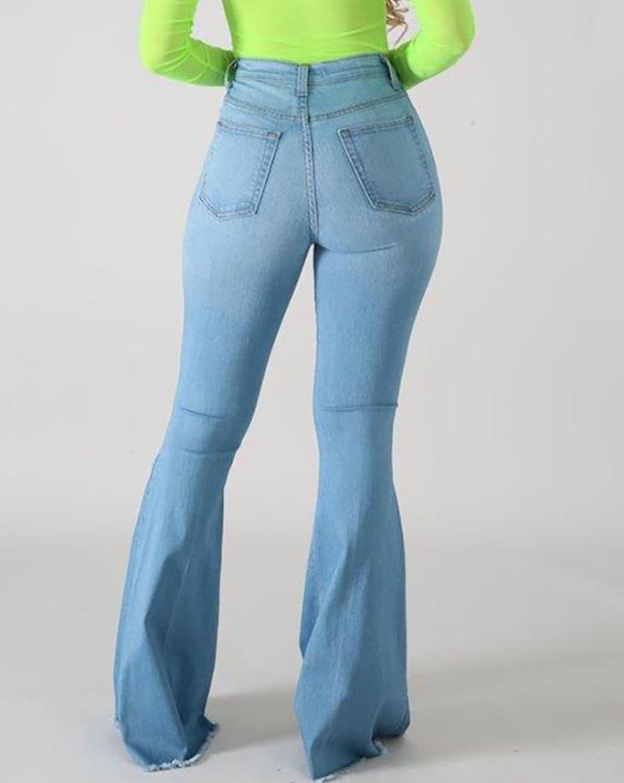 Casual denim plain cintura alta recorte botão de bainha crua longo queimado jeans feminino 2022 nova moda roupas femininas all-match