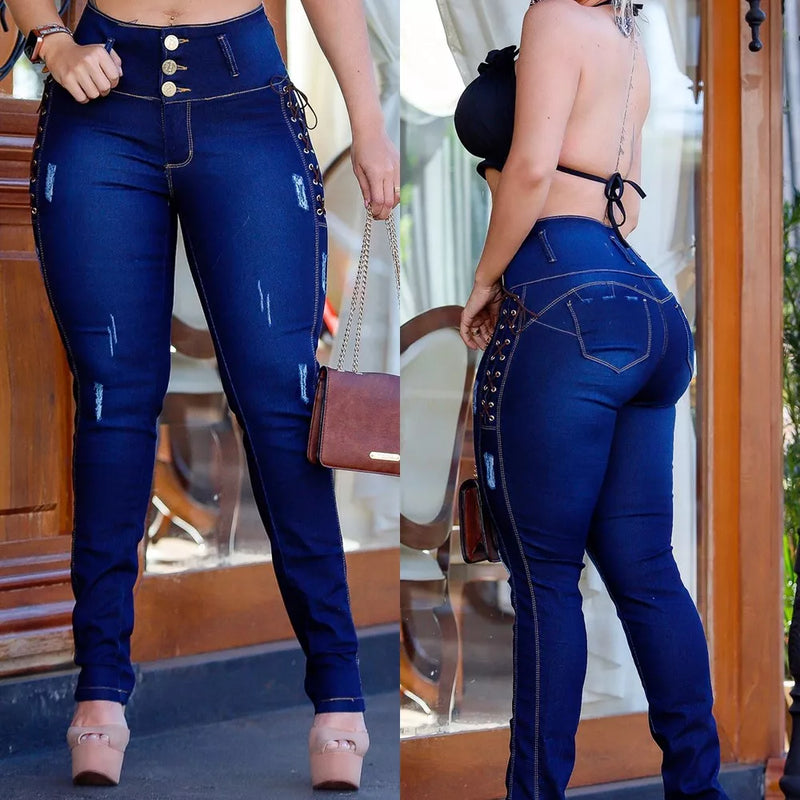 Calça Jeans Feminina Detalhes PLUS SIZE Cós Alto Modelador