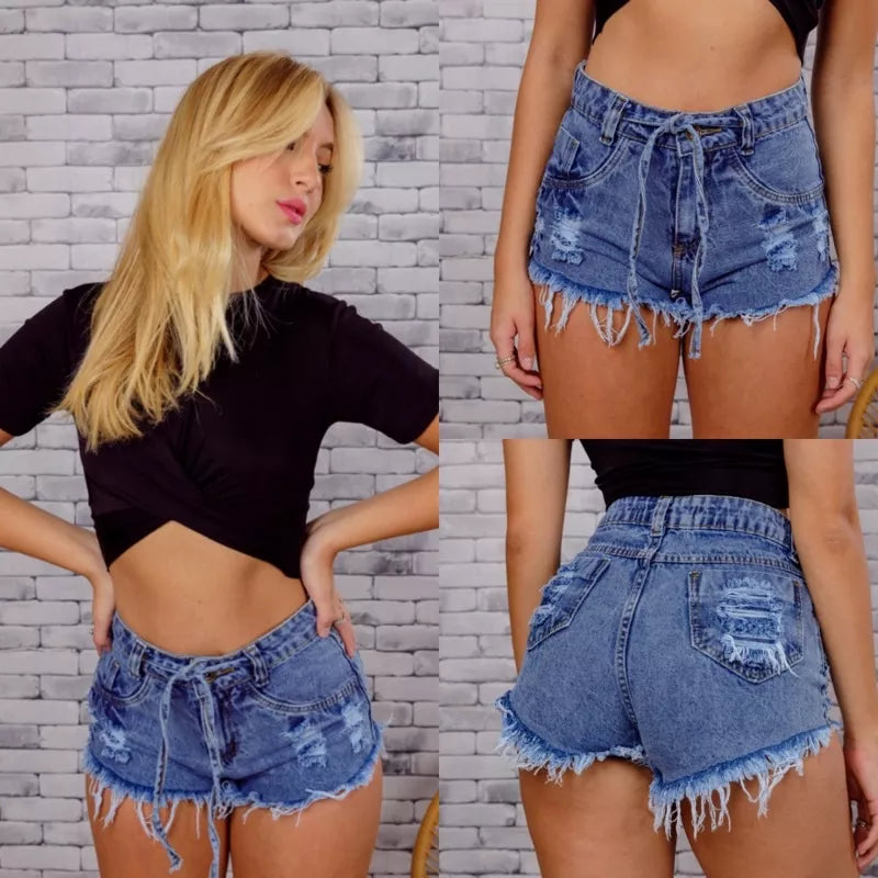 Shorts Jeans Bermuda Feminina Cintura Alta Cós Alto Luxo Destroyed Hot Pants Desfiado Blogueira