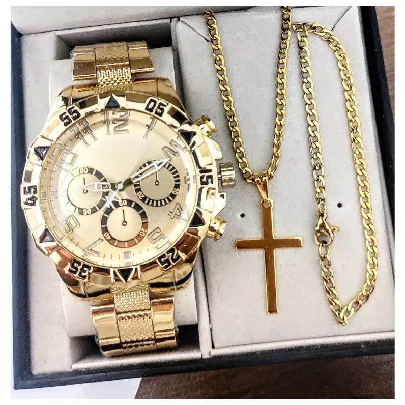 Conjunto relógio masculino + corrente cruz e pulseira dourado