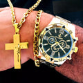 Conjunto Relógio Masculino + Corrente Cruz e Pulseira Banhado a Ouro 18k Crucifixo com Cordão Cadeado Lançamento