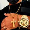 Conjunto Relógio Masculino + Corrente Cruz e Pulseira Banhado a Ouro 18k Crucifixo com Cordão Cadeado Lançamento