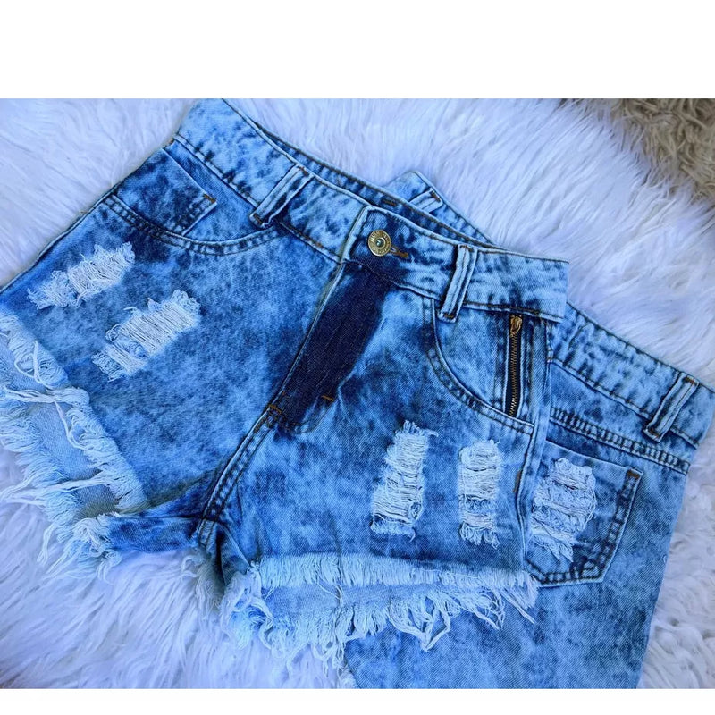 Shorts Jeans  Feminino Cintura Alta Cos Alto Desfiado Destroyed Lancamento 2022