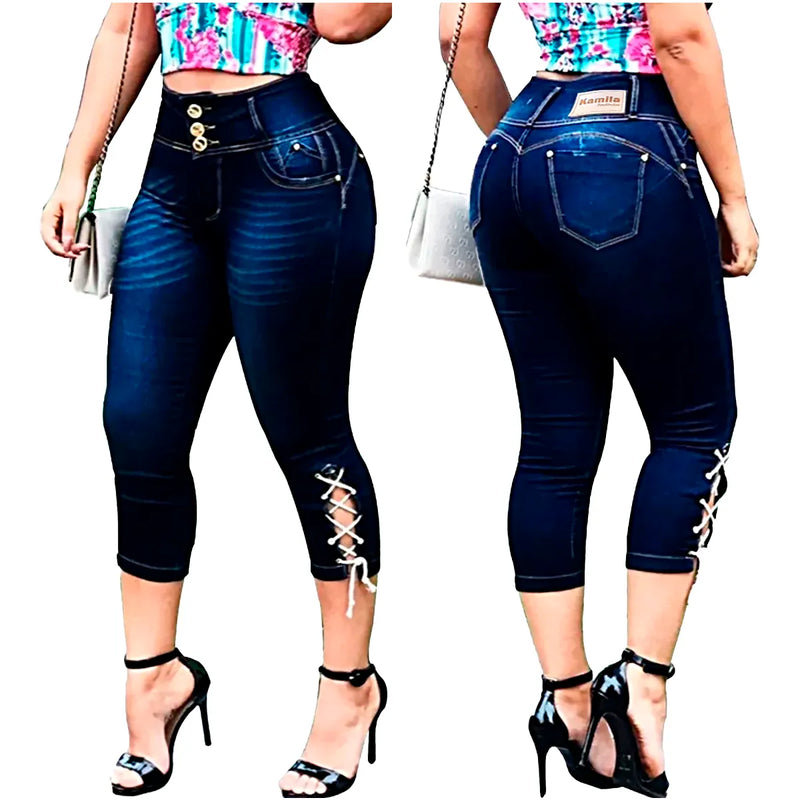 Calça jeans feminina CAPRI Cos alta com lycra Empina Bumbum.
