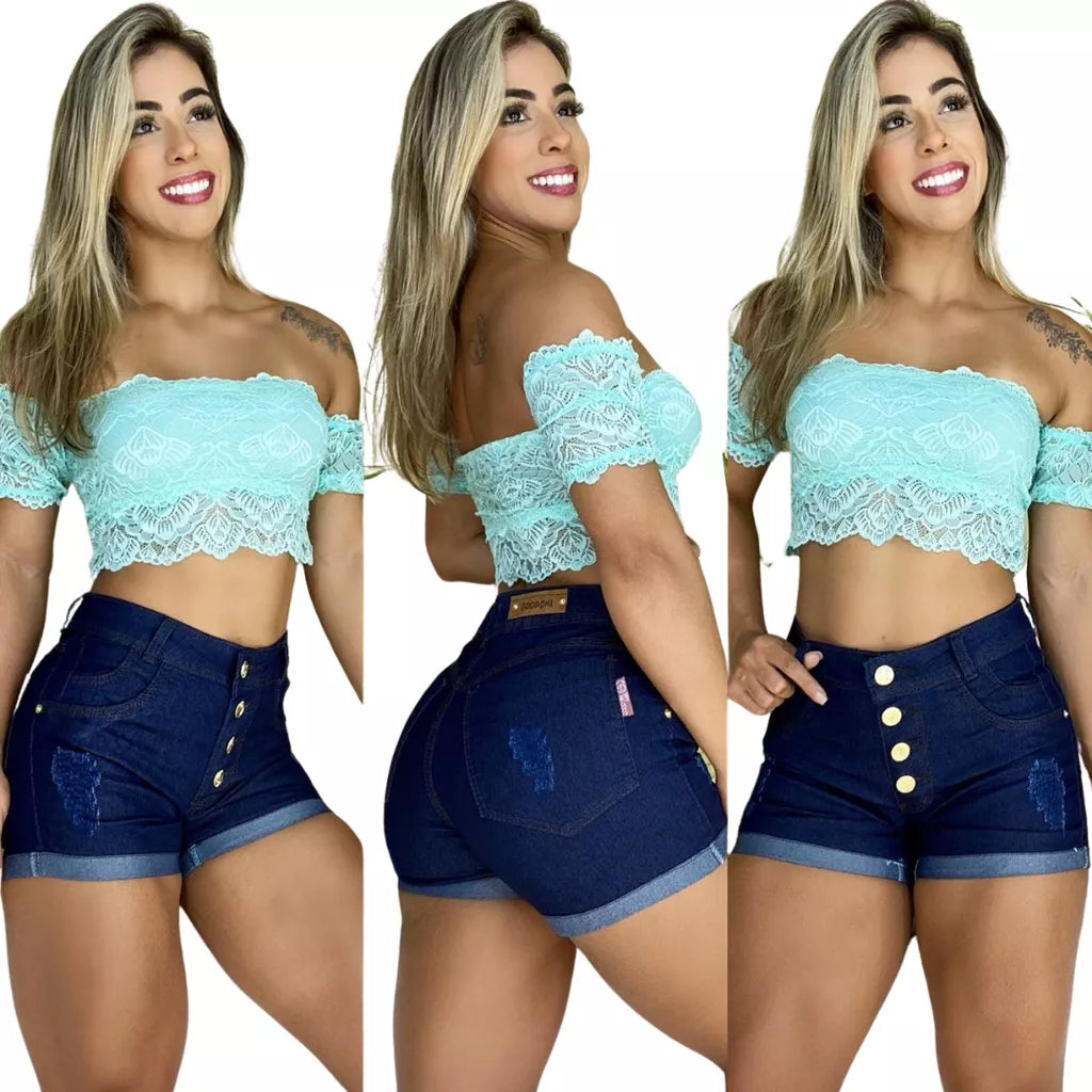 Short Jeans Mini Curto Feminino Délavé Rasgado Cintura Alta Empina Bumbum  com Barra Desfiada Tendência Verão Blogueira