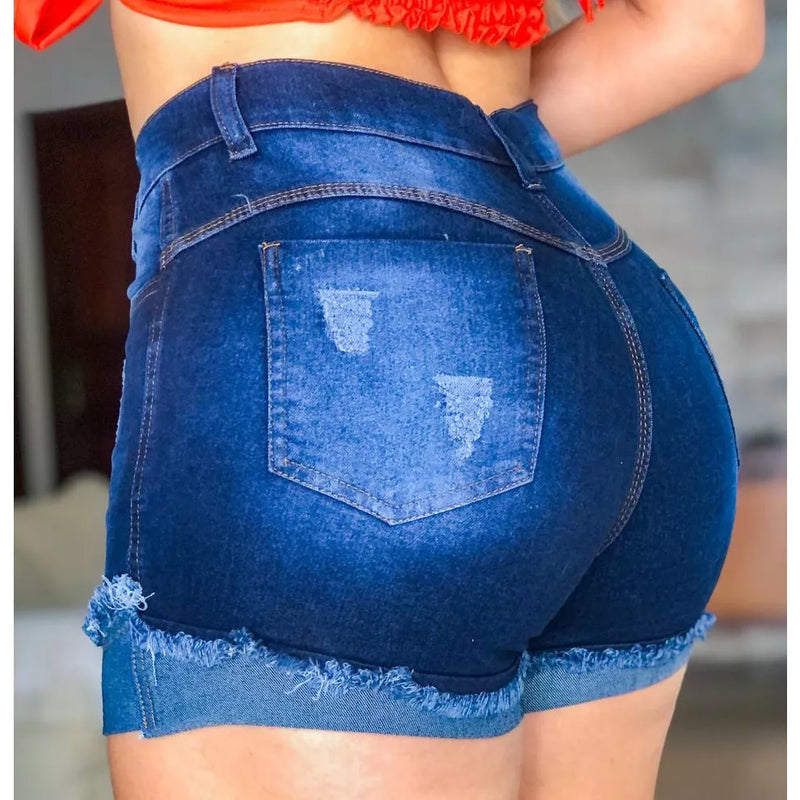 Short Jeans Feminino Justo Cintura Alta Com Lycra Levanta Empina Bumbum Lançamento 2022